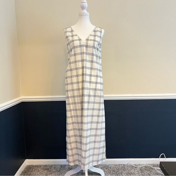 Theory Deep V Linen Blend Spring Plaid Midi Dress Size Medium in Ivory - Picture 3 of 12